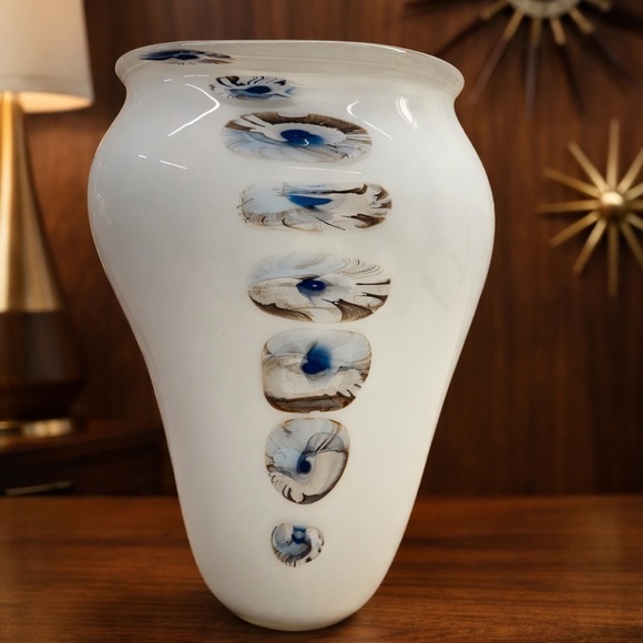Mark Wagar Signed Contemporary Art Glass Vase White Opaline With Blue Design